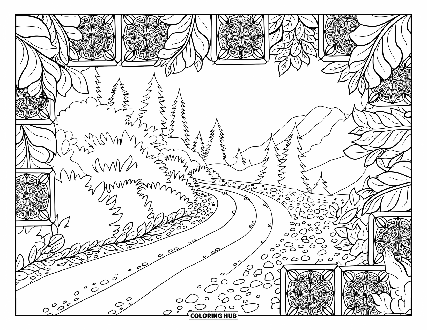Dirtbike Coloring Page for Adults: A curvy path lined with mandala tiles winds through trees and rocky ground
