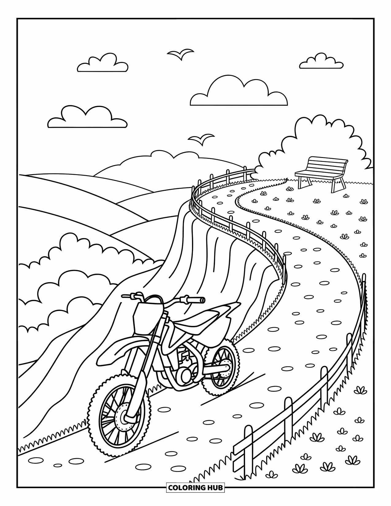 Dirtbike Coloring Page for Adults: A dirtbike follows a cliffside trail dotted with flowers, clouds, and birds