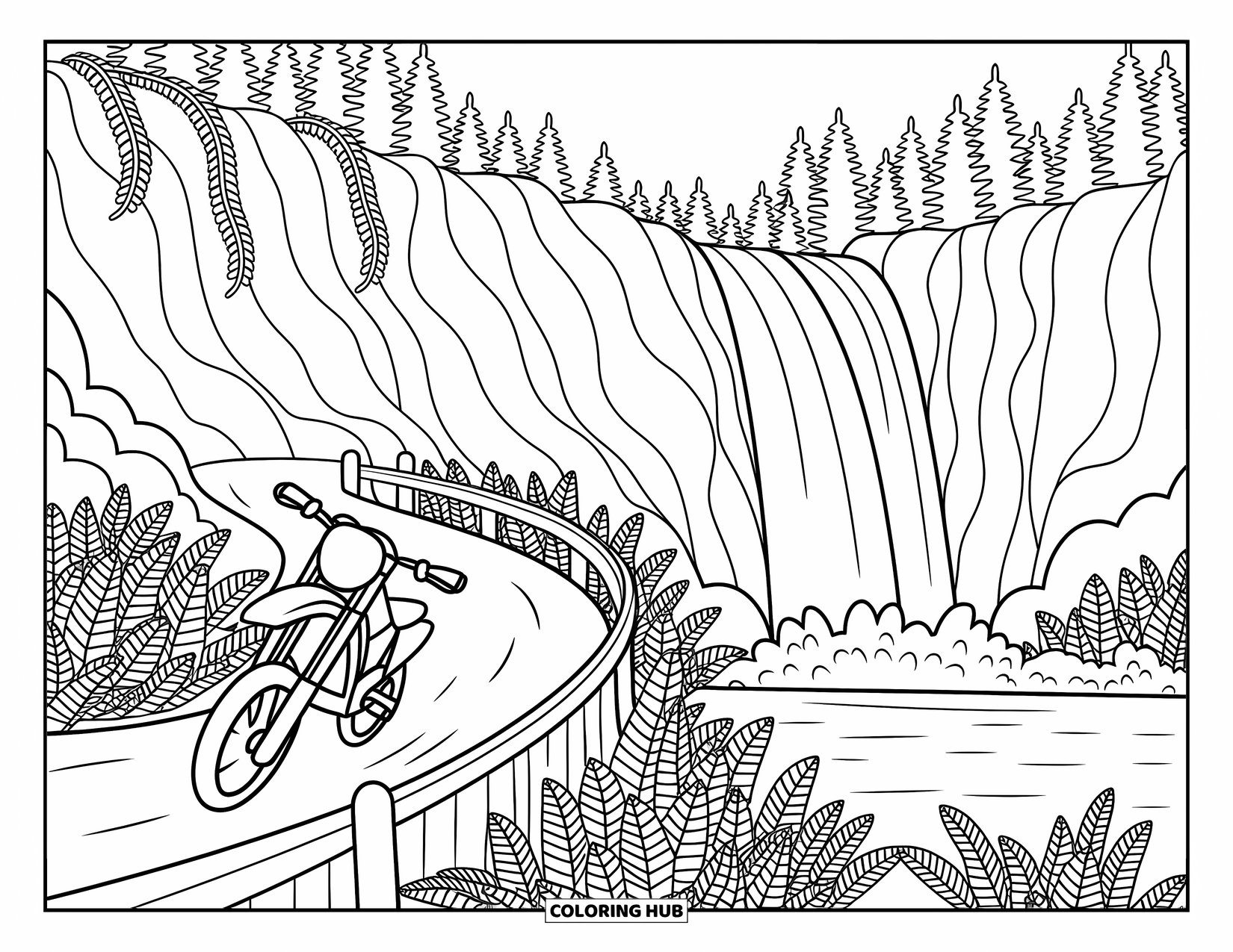 Dirtbike Coloring Page for Adults: A dirtbike races past a waterfall as ferns and vines wave along the trail