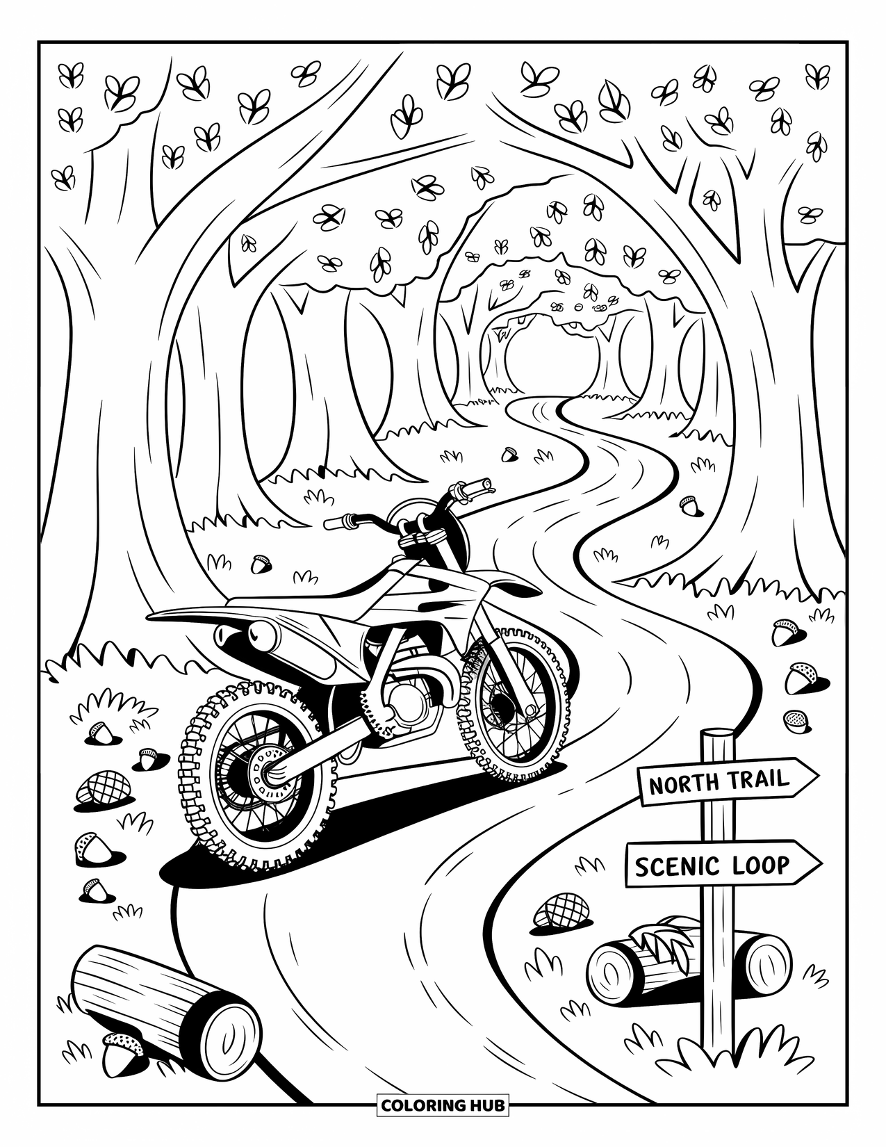Dirtbike Coloring Page for Adults: A dirtbike rests under tall trees with signs pointing to forest trails