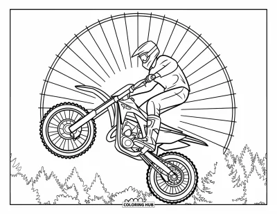 Dirtbike Coloring Page for Adults: A dirtbike rider flies through the air with mandala lines shining behind him
