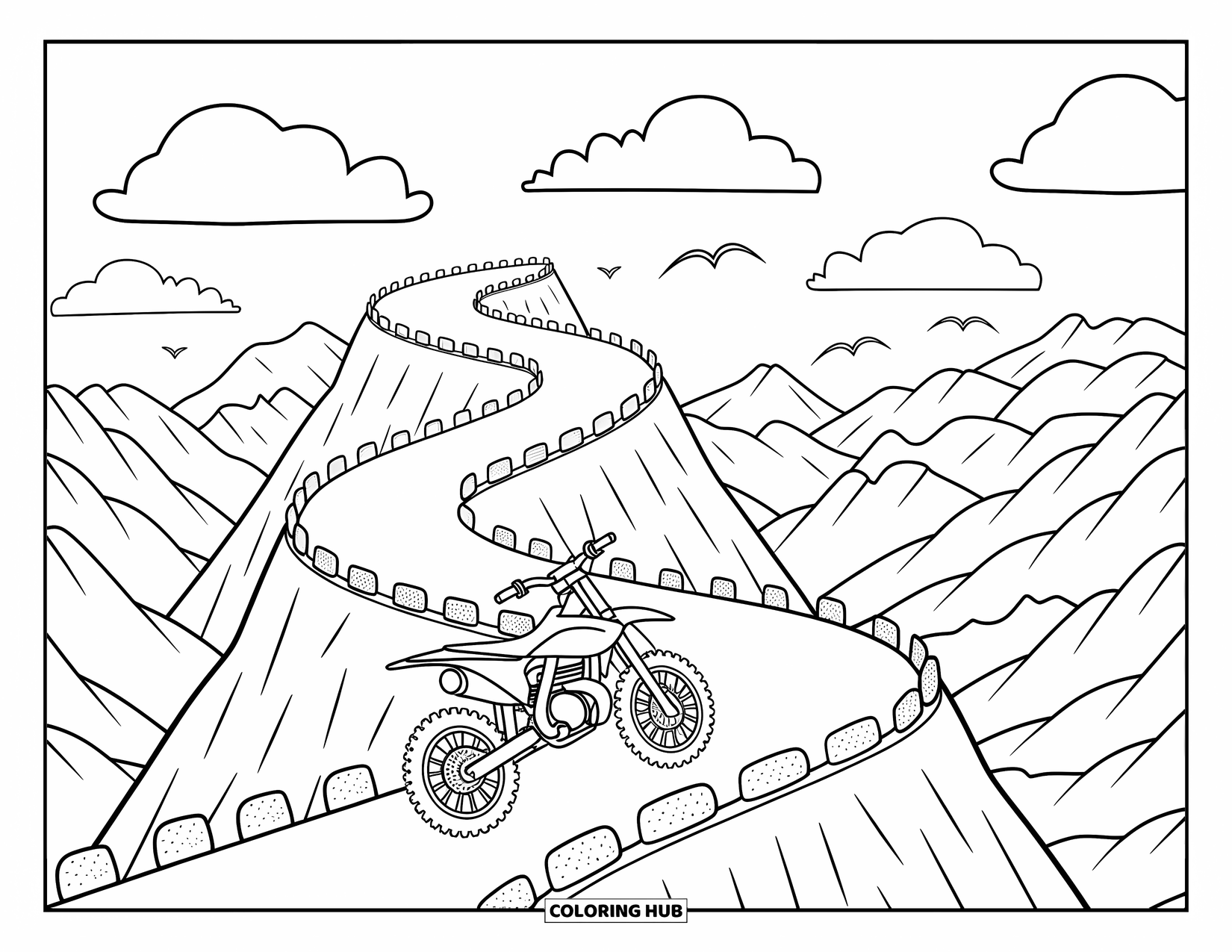 Dirtbike Coloring Page for Adults: A dirtbike rides a scenic path lined with puffy clouds and tiny stone markers