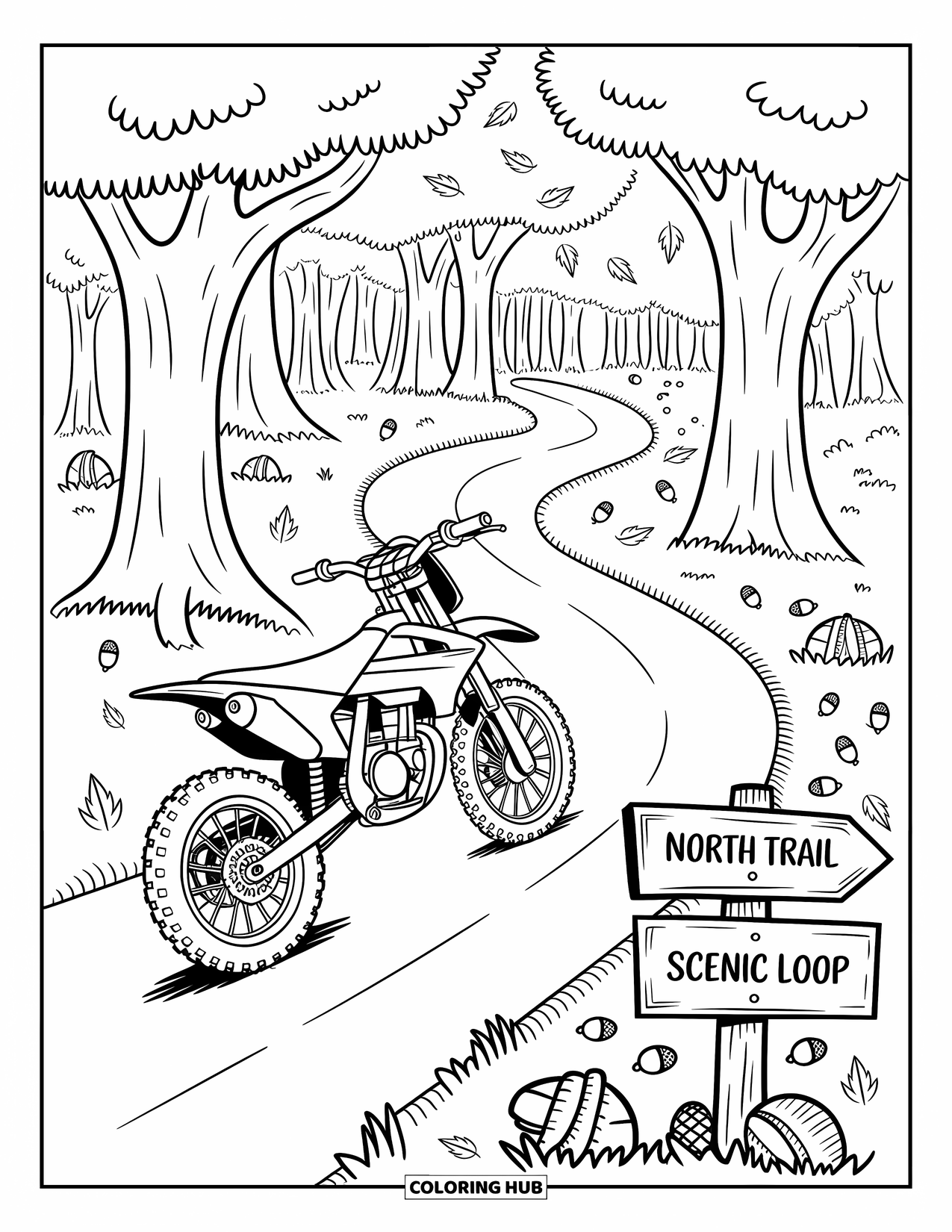 Dirtbike Coloring Page for Adults: A dirtbike sits on a path covered in leaves, acorns, and pinecones