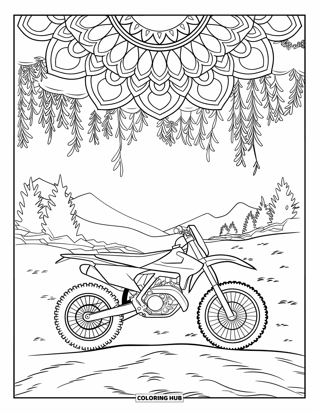 Dirtbike Coloring Page for Adults: A dirtbike sits under twisting vines forming a mandala above a quiet trail