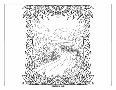 Dirtbike Coloring Page for Adults: A forest trail winds through plants and mandalas beneath a clear, open sky