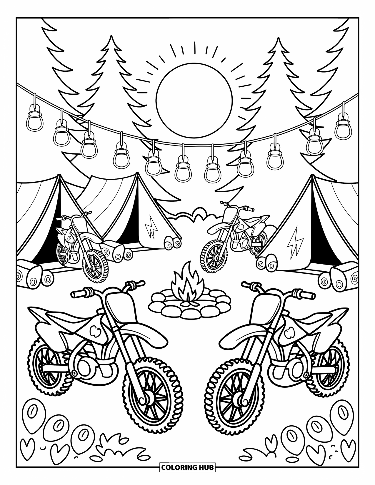 Dirtbike Coloring Page for Adults: A quiet camp with lanterns, tents, and dirtbikes invites cozy outdoor stories