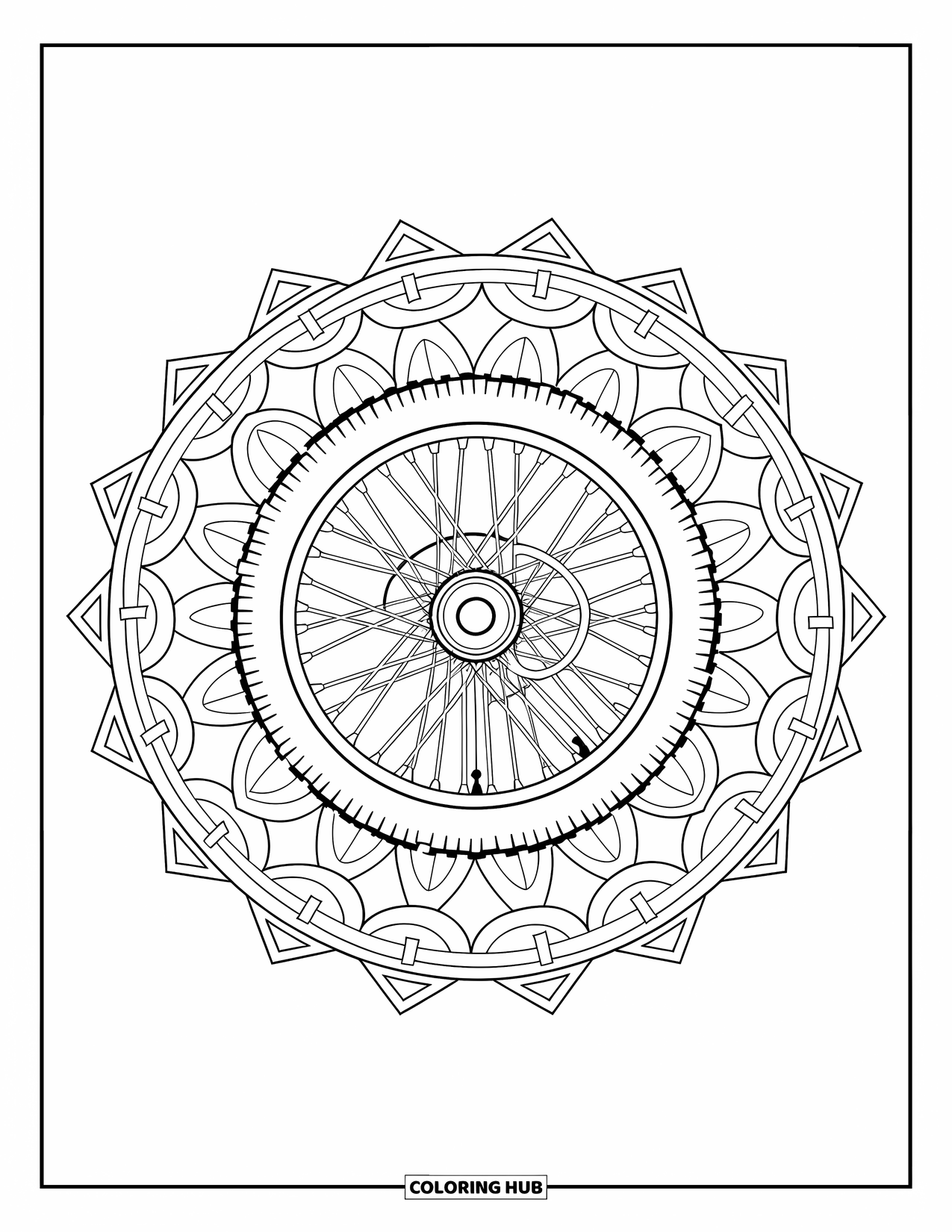 Dirtbike Coloring Page for Adults: A wheel sits in the middle of circles and triangles forming a bold mandala