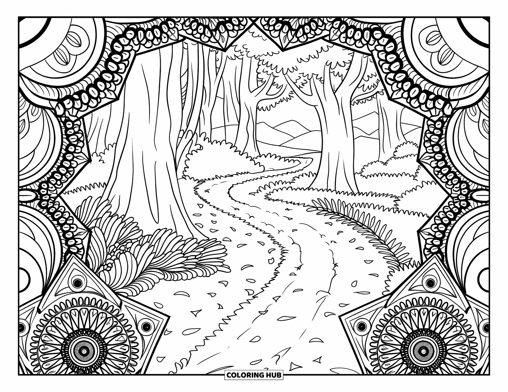 Dirtbike Coloring Page for Adults: Mandala tiles frame a dirt trail through a forest with trees and mountains