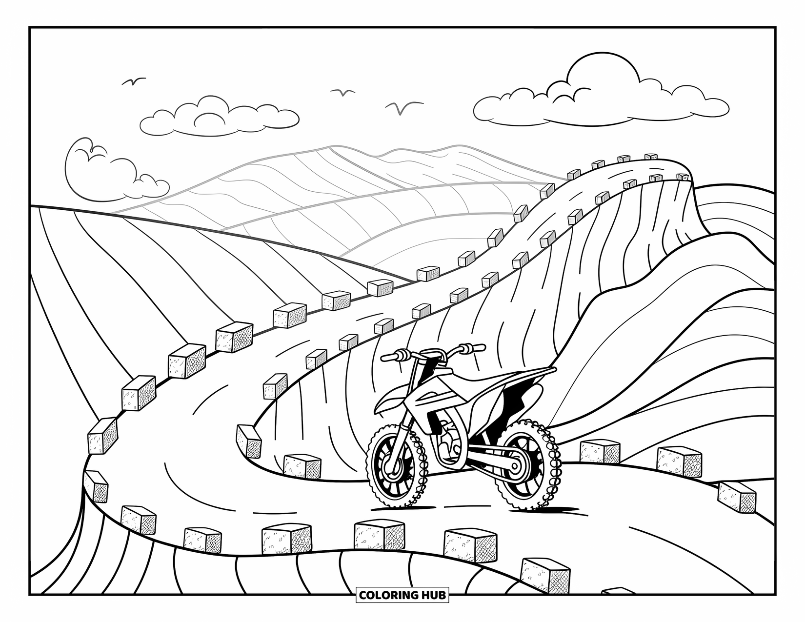 Dirtbike Coloring Page for Adults: Soft clouds float above as a dirtbike follows a curvy mountain path