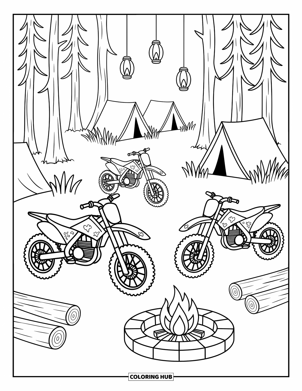 Dirtbike Coloring Page for Adults: Three dirtbikes with fun designs rest near tents and glowing lanterns