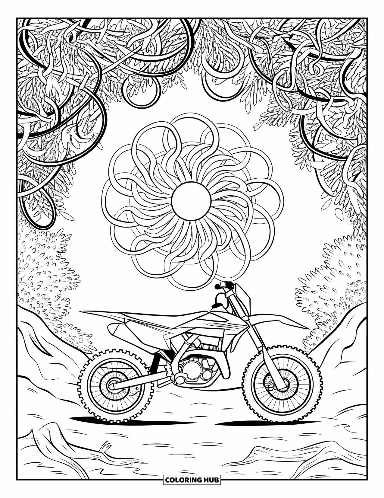 Dirtbike Coloring Page for Adults: Vines twist into a canopy above a dirtbike resting on rocky forest ground