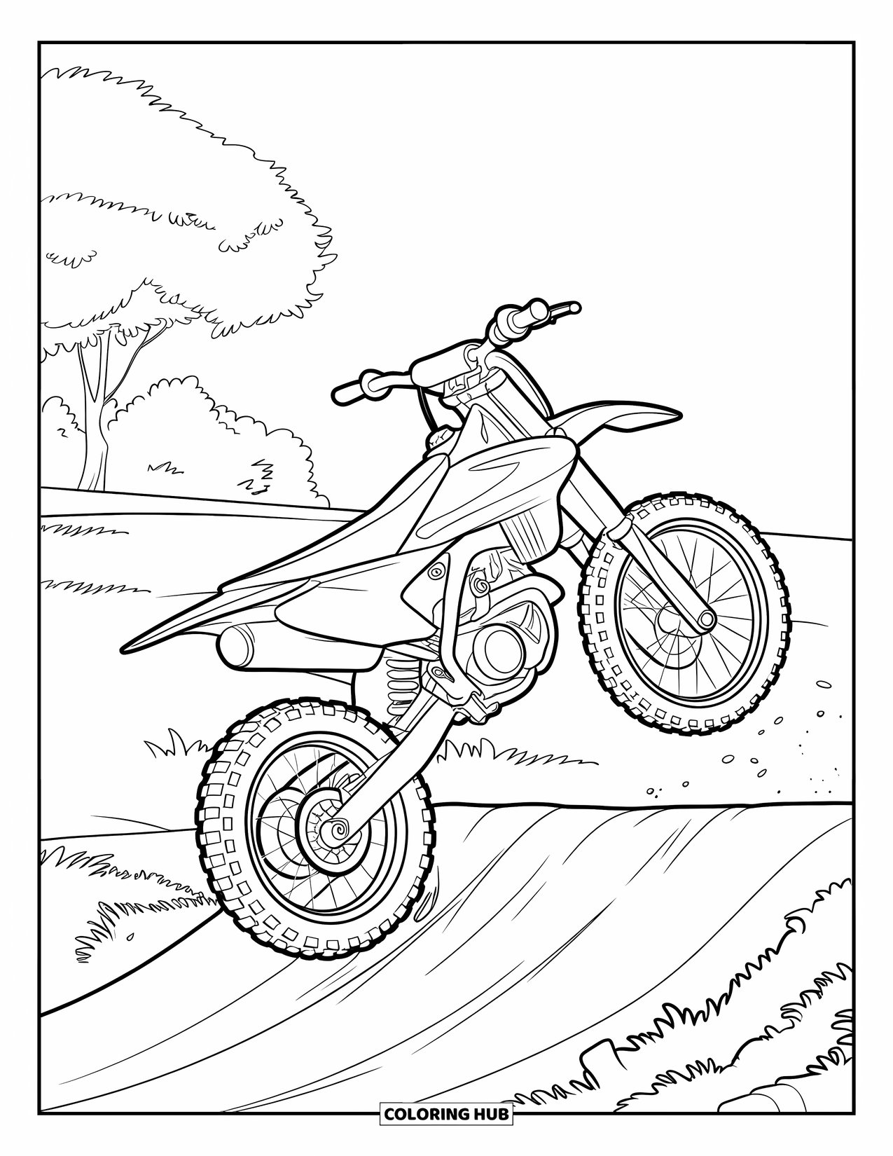 Dirtbike Coloring Page for Kids: A dirtbike flies over a ramp with dirt flying and a grassy field below
