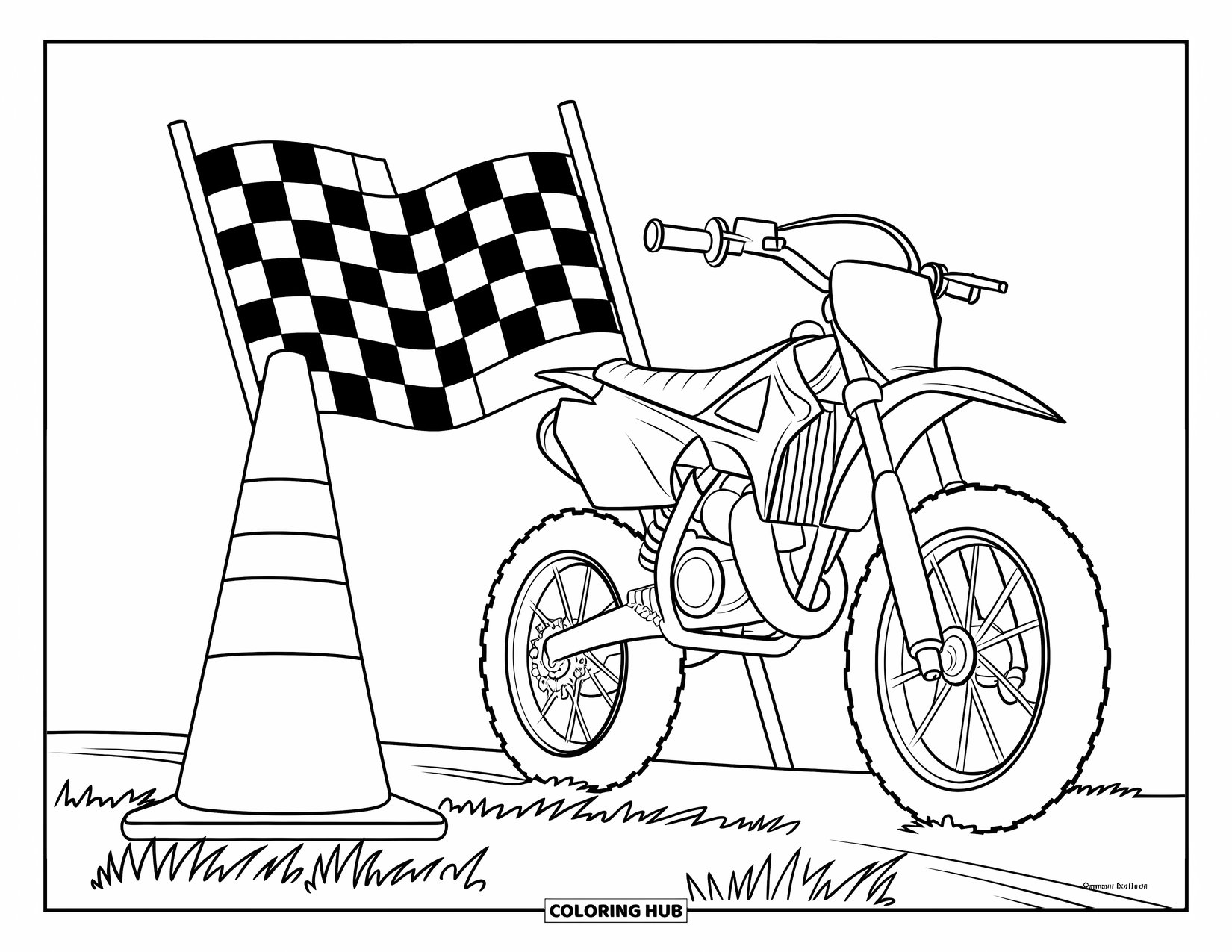 Dirtbike Coloring Page for Kids: A dirtbike is ready to ride next to a cone and checkered flag