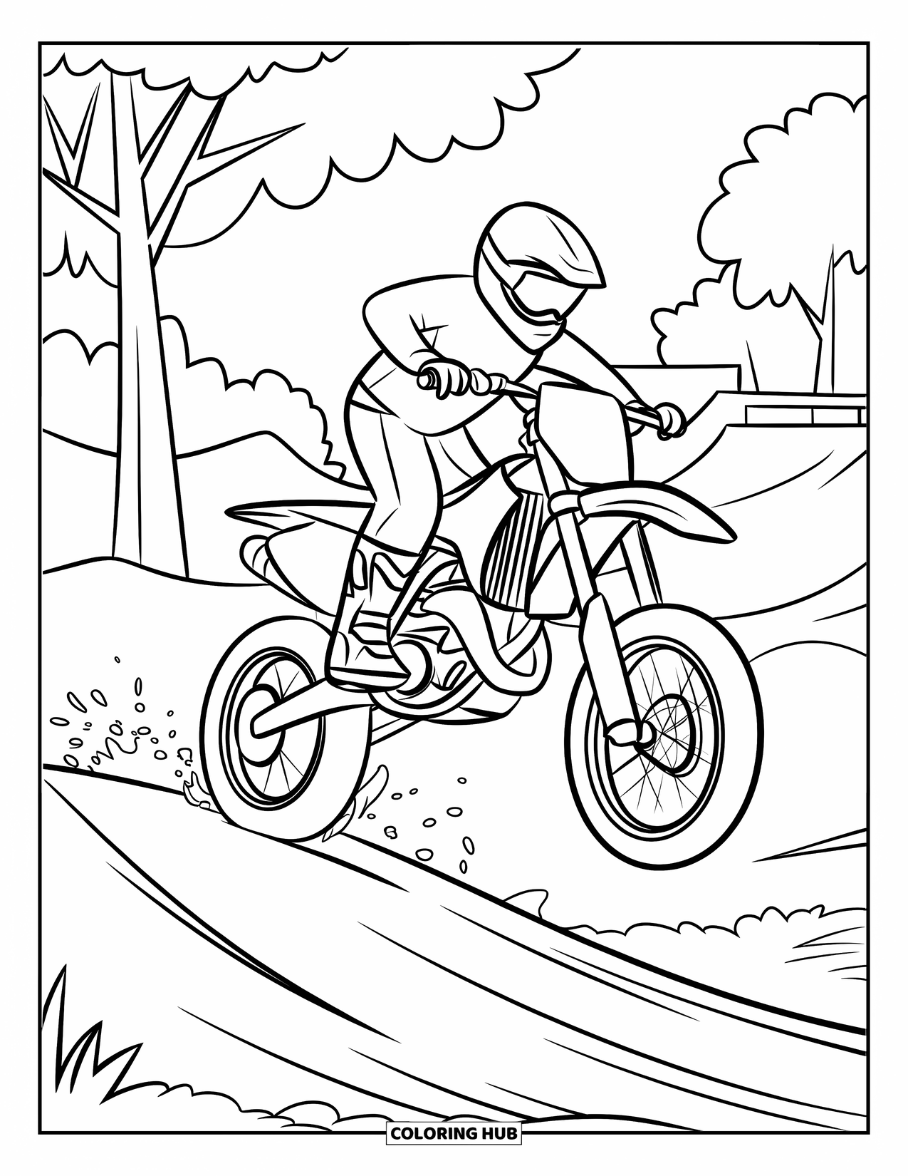Dirtbike Coloring Page for Kids: A dirtbike leaps off a ramp as dirt sprays below