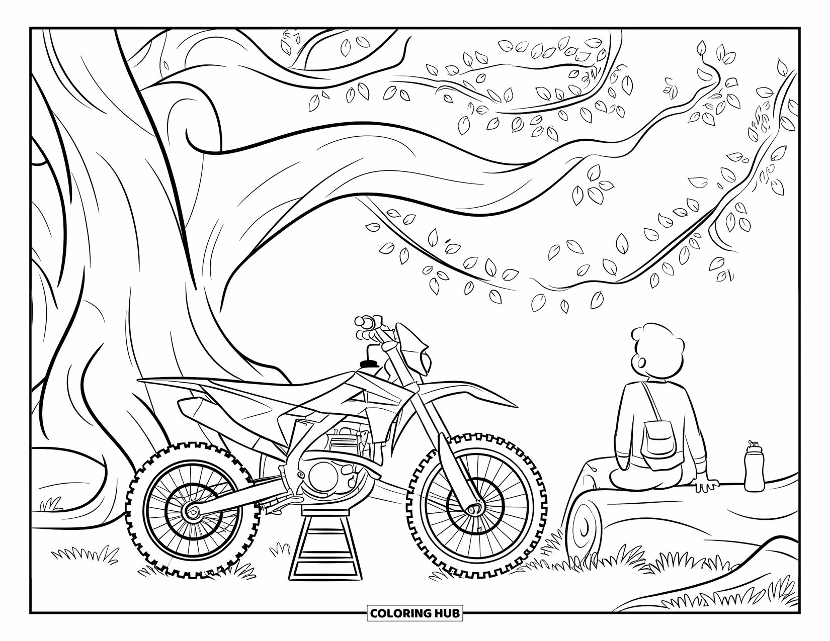 Dirtbike Coloring Page for Kids: A dirtbike rests by a big tree as the rider gazes up from a log