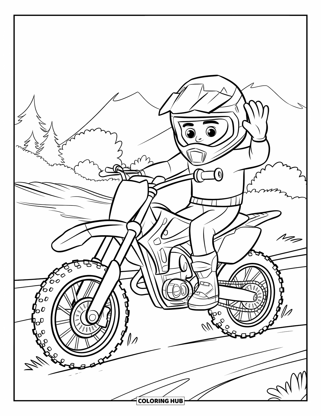 Dirtbike Coloring Page for Kids: A dirtbike rider waves while parked beside trees and mountains