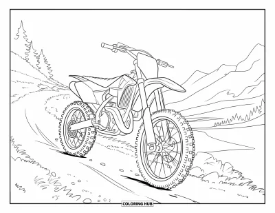 Dirtbike Coloring Page for Kids: A dirtbike rides uphill over rocks with the forest stretching behind