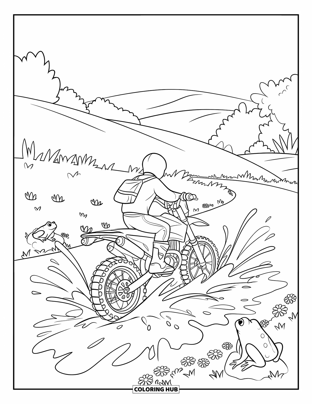 Dirtbike Coloring Page for Kids: A dirtbike splashes through a big puddle as frogs sit nearby