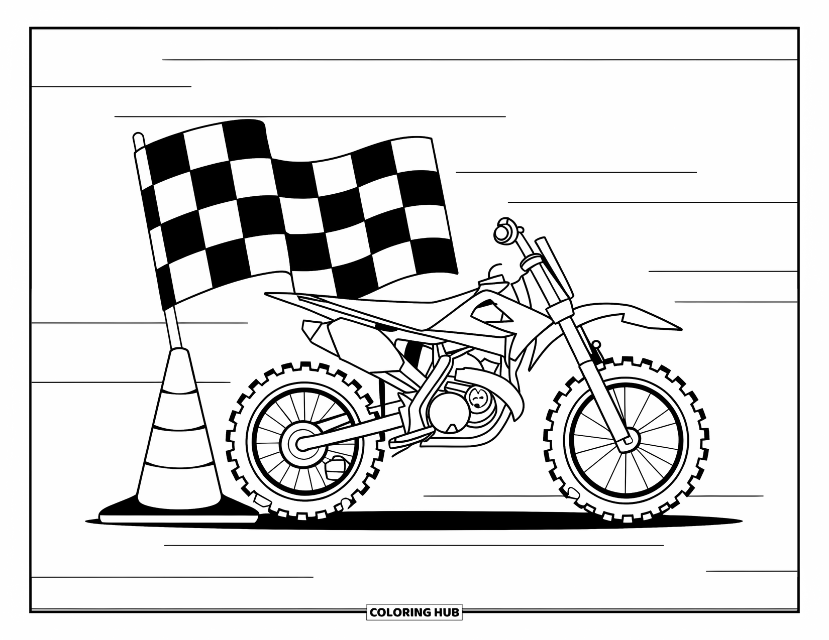 Dirtbike Coloring Page for Kids: A dirtbike stands beside a traffic cone and a checkered flag