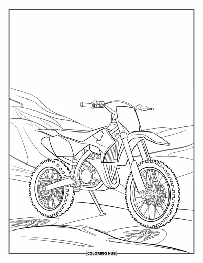 Dirtbike Coloring Page for Kids: A dirtbike stands tall on a hilltop with bold wheels and sunny skies