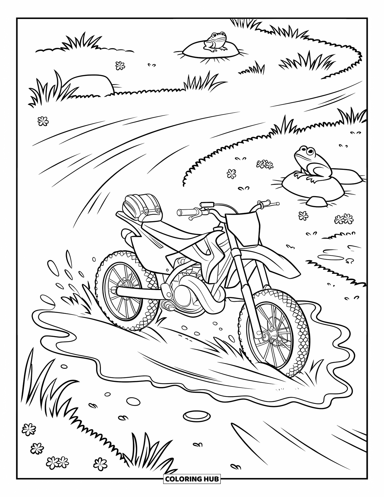 Dirtbike Coloring Page for Kids: A dirtbike zooms through puddles while frogs and flowers line the path