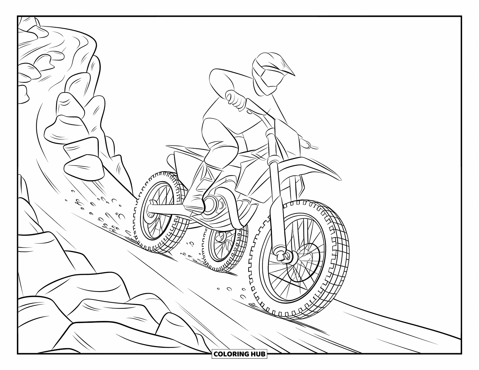 Dirtbike Coloring Page for Kids: A rider in a red jacket follows their dirtbike up a steep, rocky hill