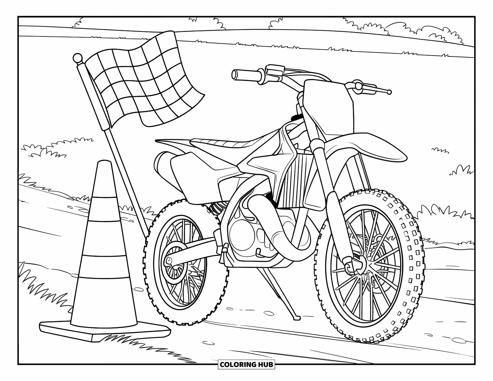 Dirtbike Coloring Page for Kids: A traffic cone and flag rest near a parked dirtbike on a dirt path