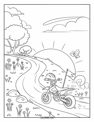 Dirtbike Coloring Page for Kids: A winding trail leads up to a dirtbike on a hill with a fluttering flag