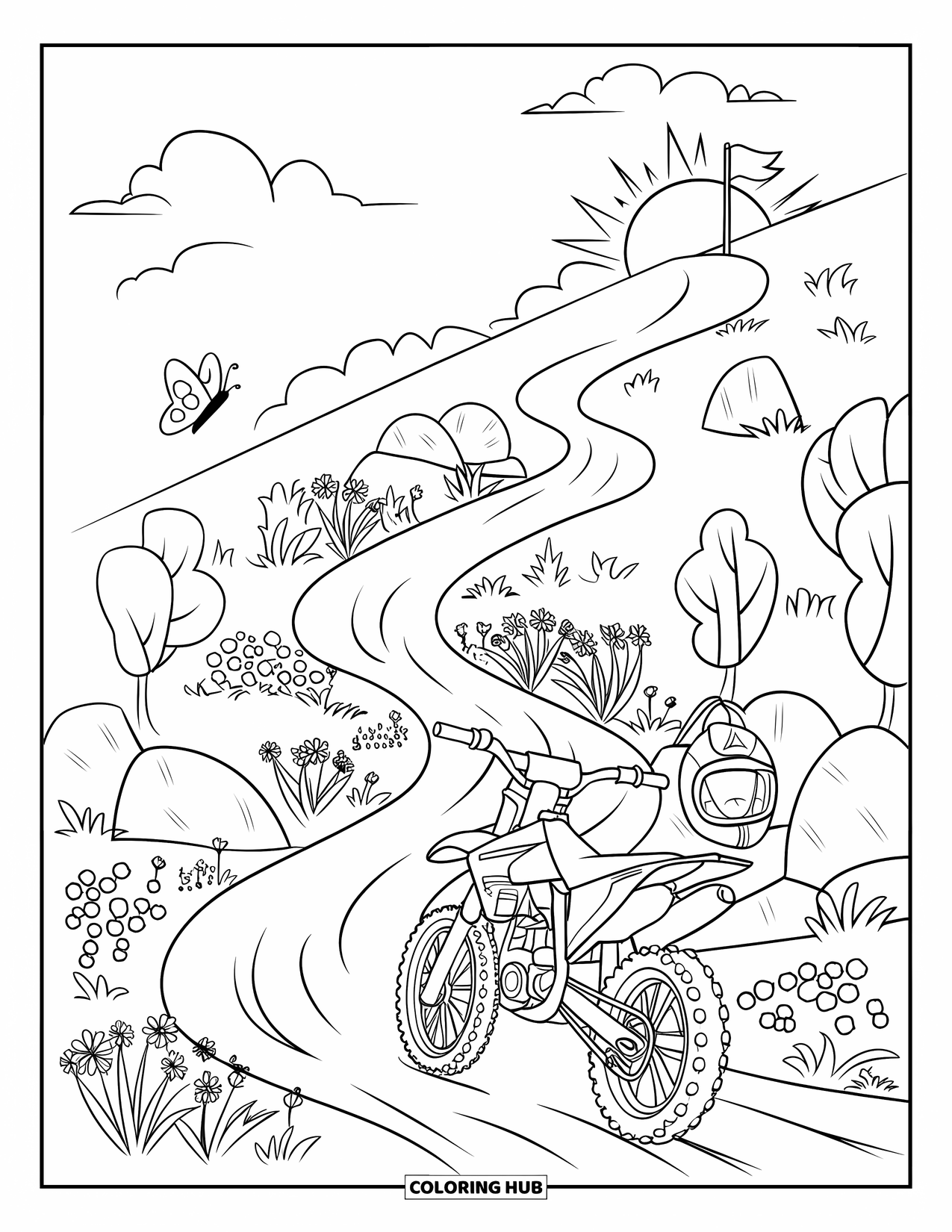 Dirtbike Coloring Page for Kids: At the hilltop, a dirtbike waits near trees, rocks, and a soft sunrise