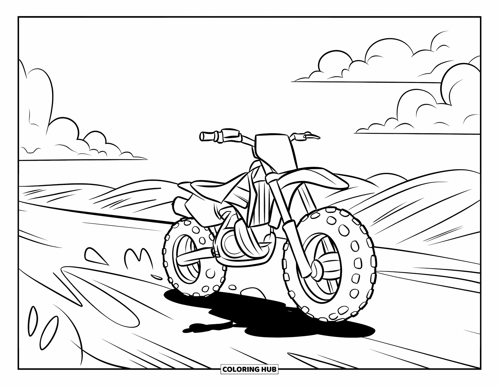 Dirtbike Coloring Page for Kids: Big tires roll as a dirtbike rides along a plain dirt trail
