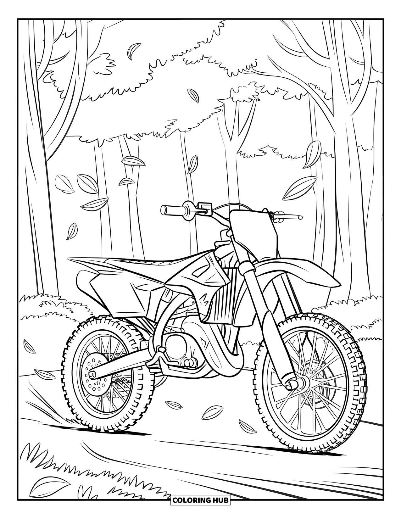 Dirtbike Coloring Page for Kids: Flying leaves surround a dirtbike parked in the forest