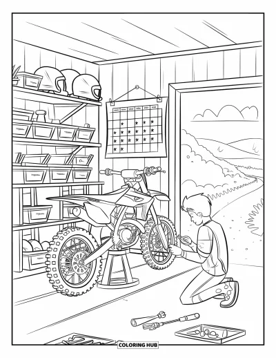 Dirtbike Coloring Page for Kids: Inside a tidy garage, a rider works on their dirtbike near shelves of gear
