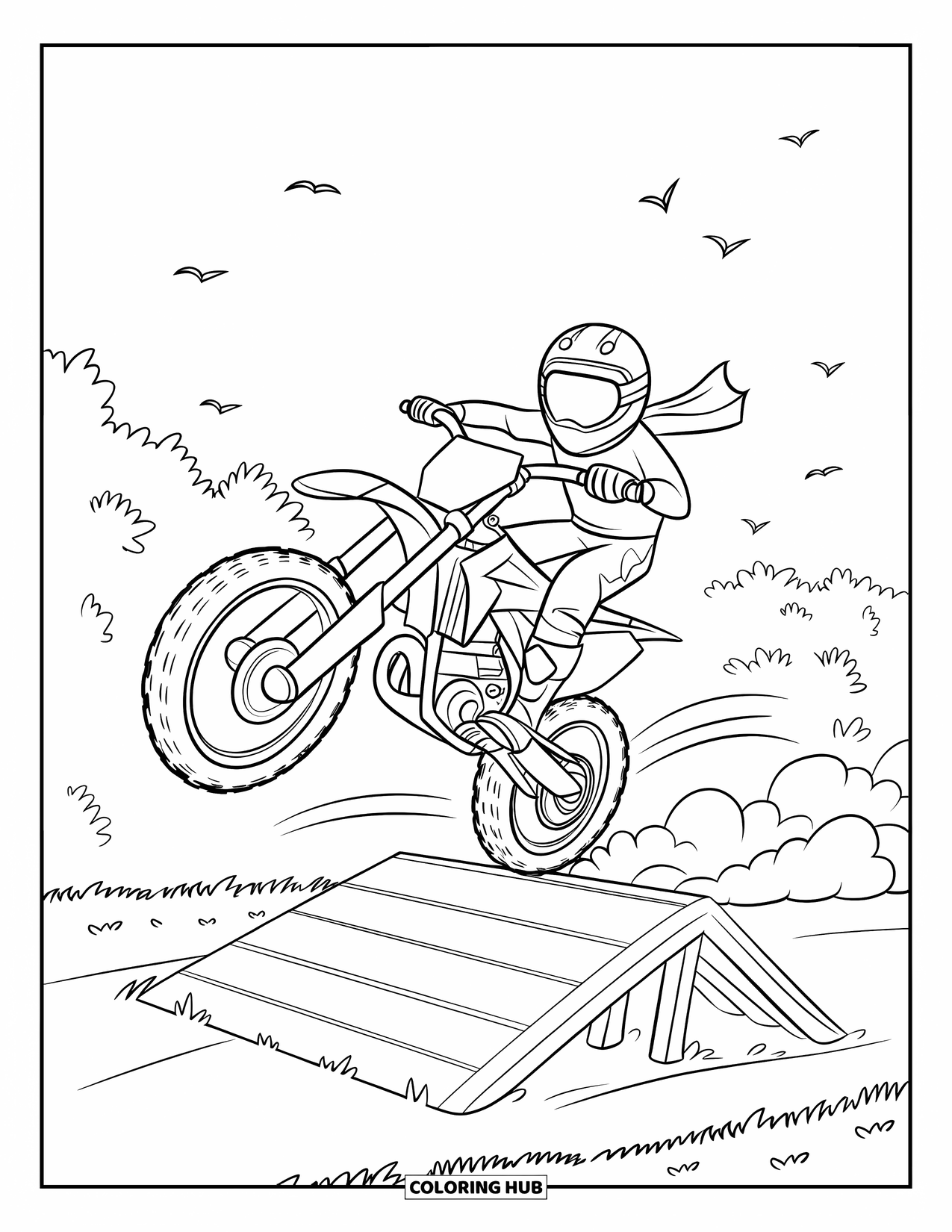 Dirtbike Coloring Page for Kids: Mid-jump, a dirtbike flies through the air above leafy forest edges