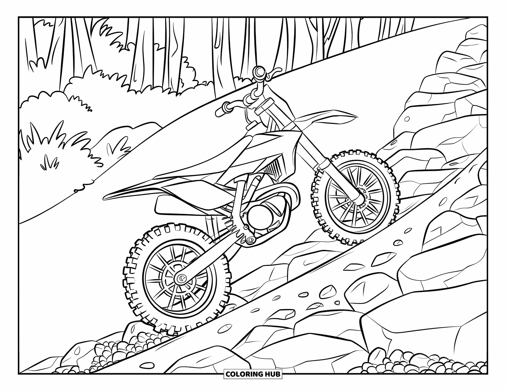 Dirtbike Coloring Page for Kids: On a rocky path, a dirtbike climbs uphill toward mountains and trees
