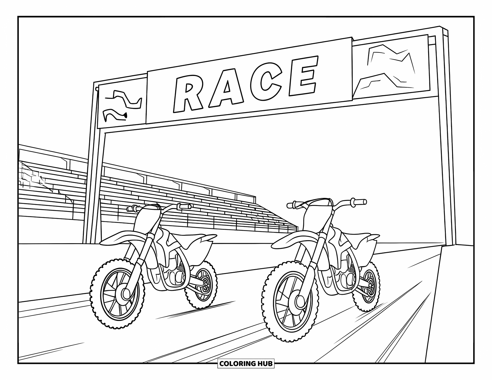 Dirtbike Coloring Page for Kids: Two dirtbikes wait at the starting line beneath a race banner