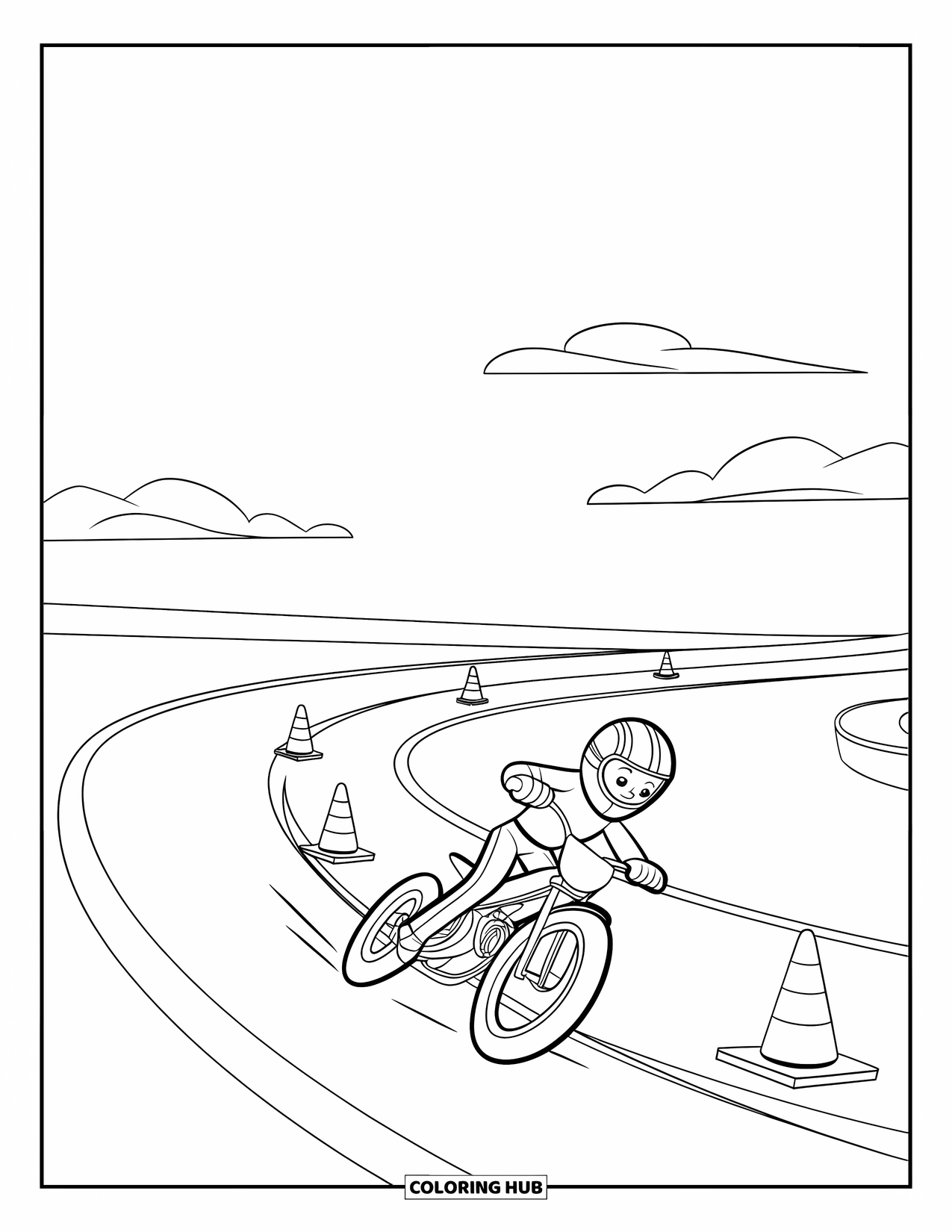 Dirtbike Coloring Page for Kids: Wearing full gear, a rider speeds through curves on a smooth track