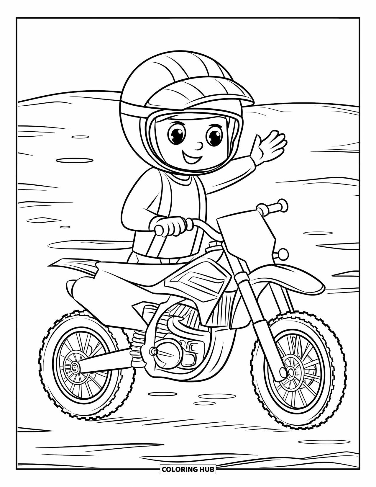 Dirtbike Coloring Page for Kids: With a big helmet, a rider waves beside their parked dirtbike
