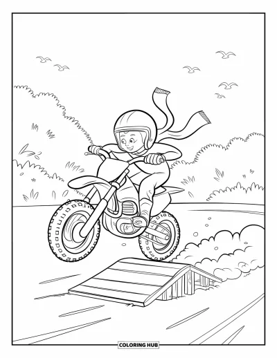 Dirtbike Coloring Page for Kids: With a fluttering scarf, the rider jumps a ramp through a dusty forest