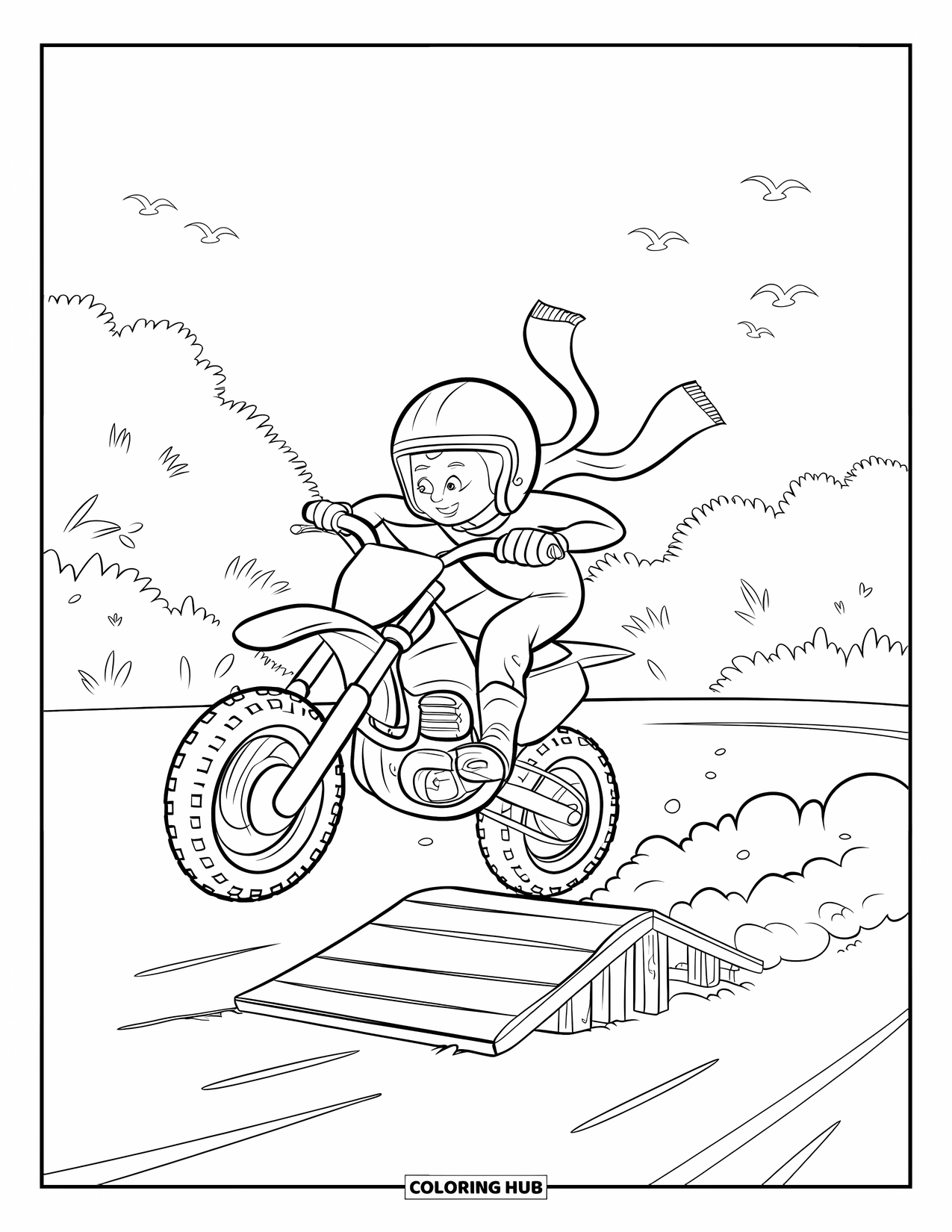 Dirtbike Coloring Page for Kids: With a fluttering scarf, the rider jumps a ramp through a dusty forest