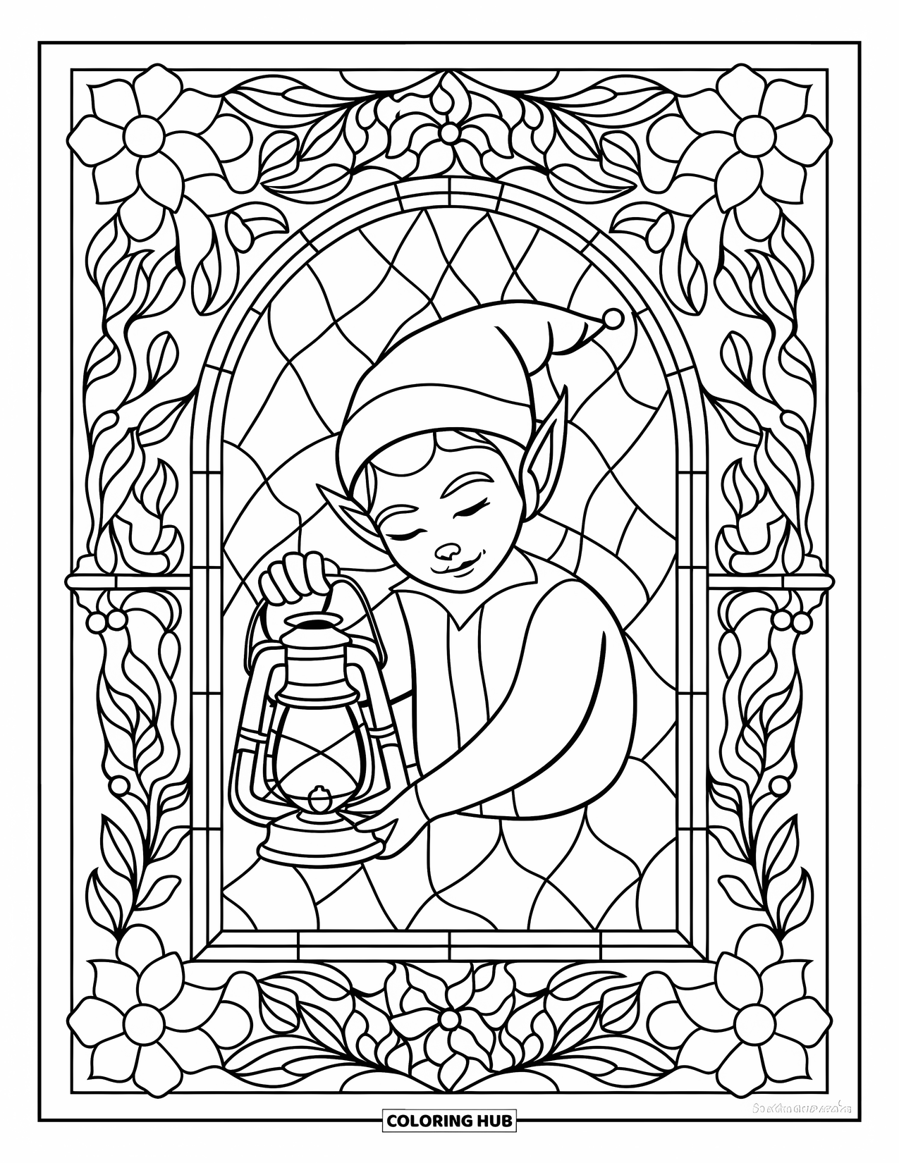 Elf Coloring Page for Adults: A calm elf holds a glowing lantern framed by floral stained glass