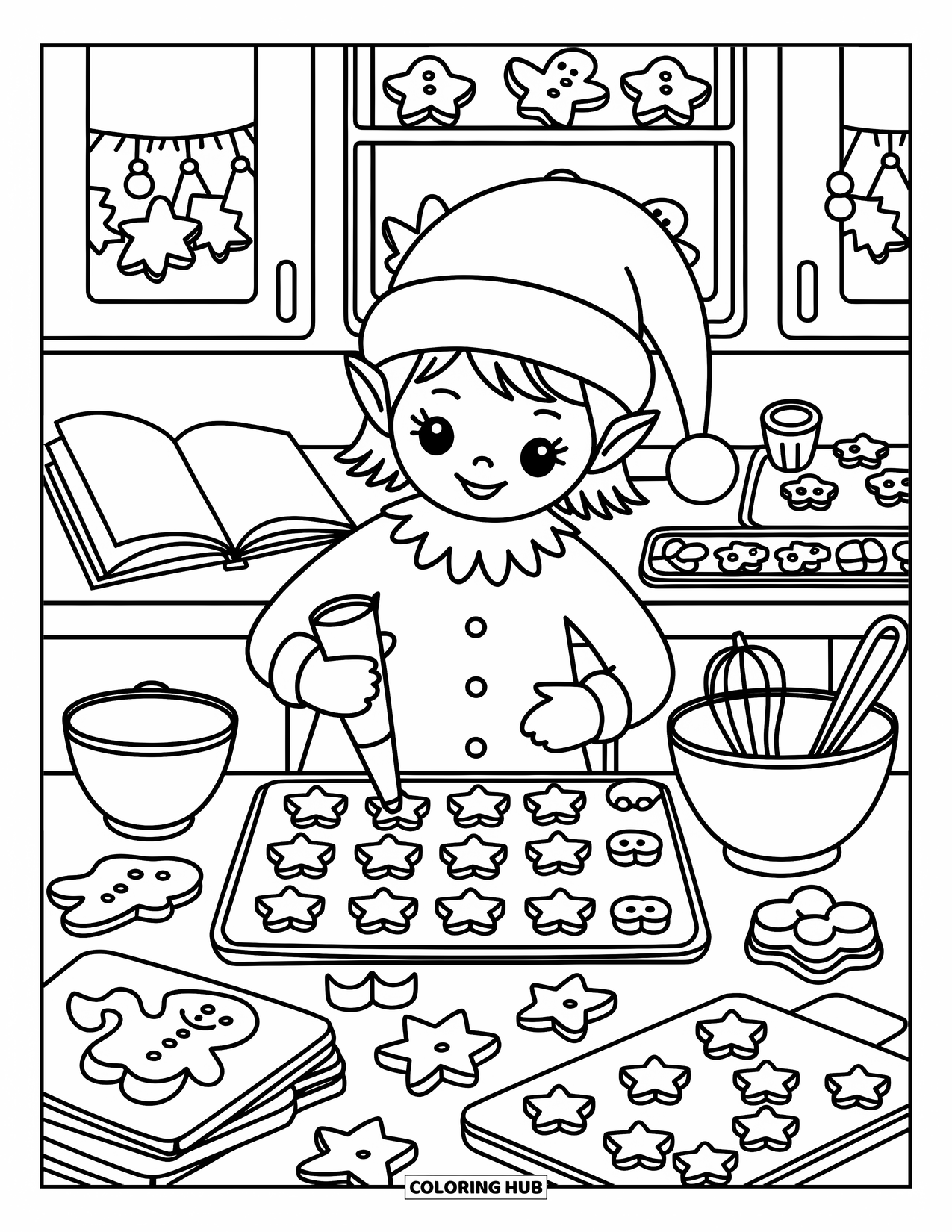 Elf Coloring Page for Adults: A happy elf frosts cookies in a cozy kitchen filled with treats