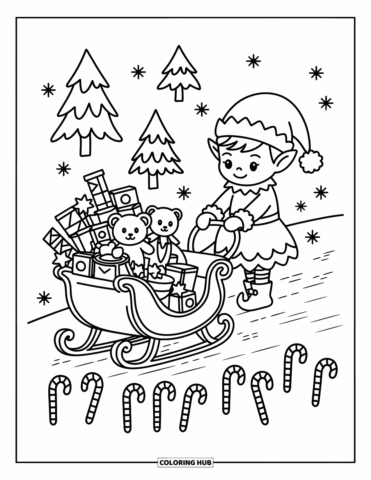 Elf Coloring Page for Adults: A joyful elf drives a sleigh of toys past pine trees and candy canes