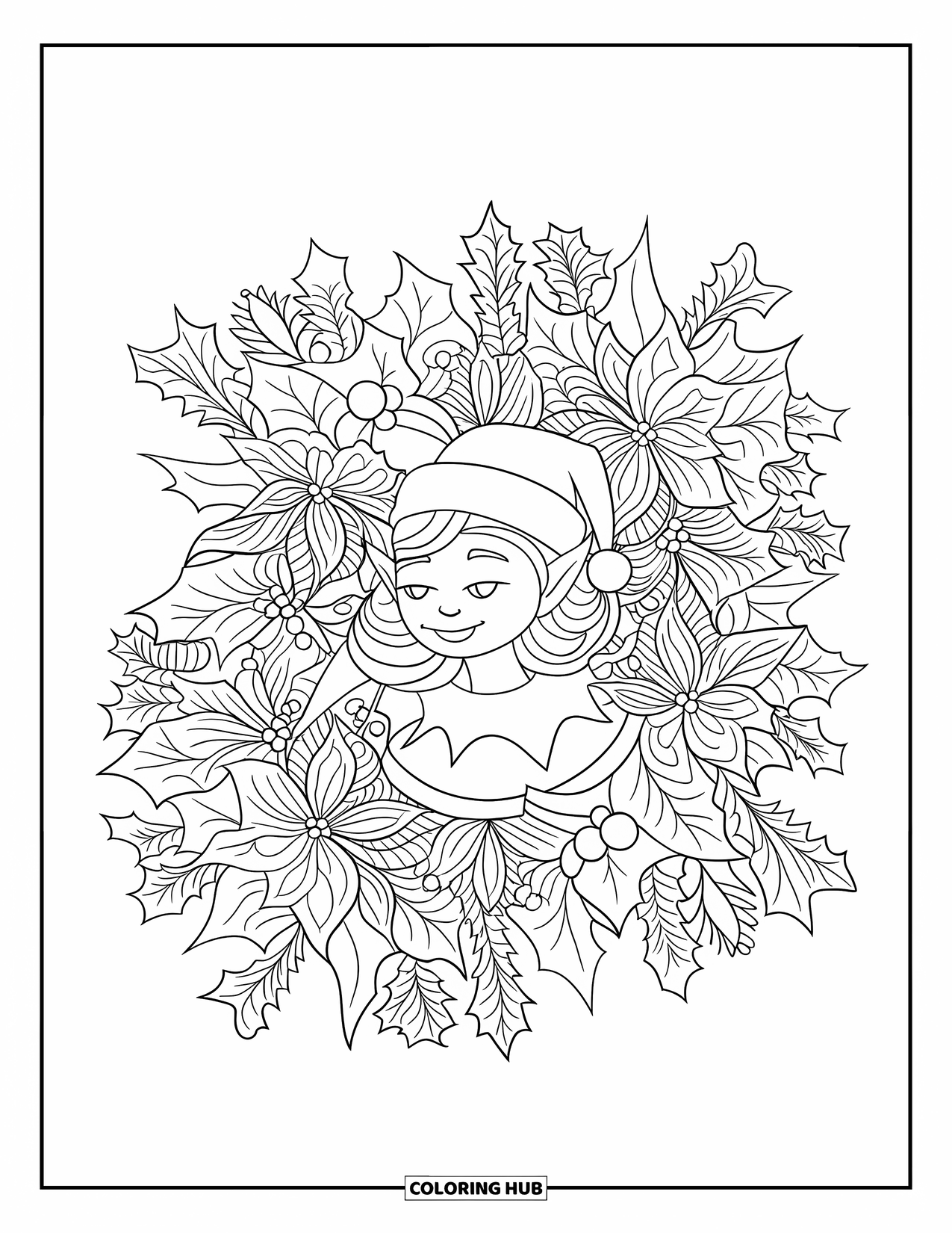Elf Coloring Page for Adults: A peaceful elf is framed by holly leaves and poinsettia flowers