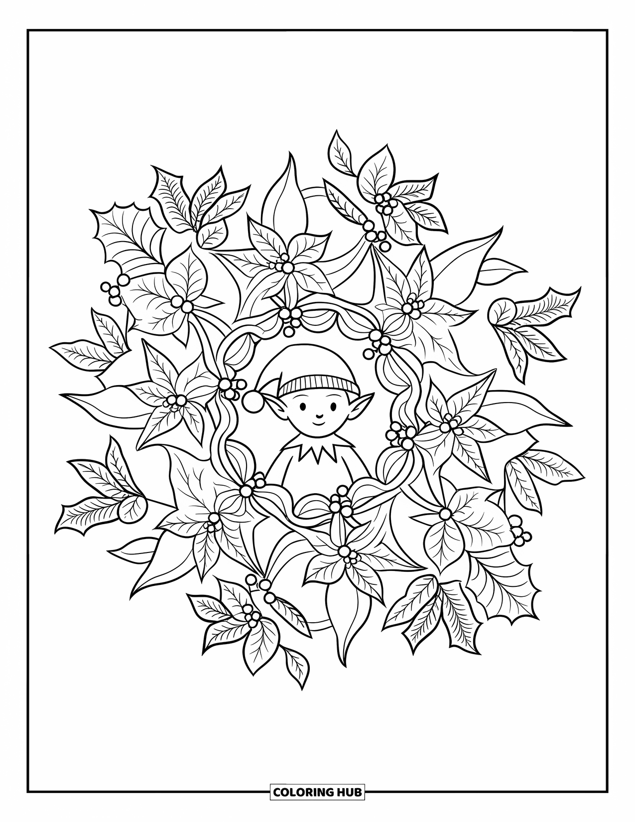 Elf Coloring Page for Adults: A serene elf sits within a mandala of holly and poinsettia