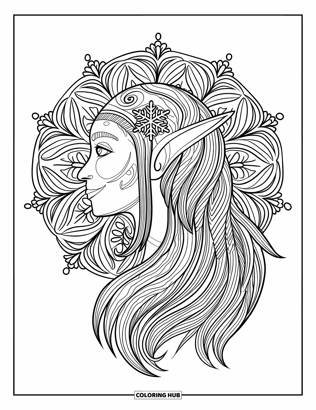 Elf Coloring Page for Adults: An elegant elf in profile framed by swirling snowflake designs