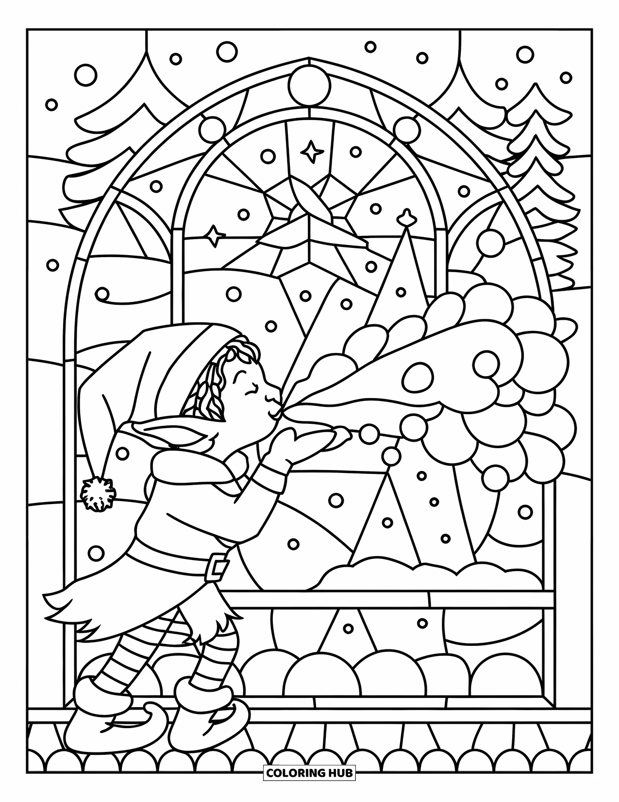 Elf Coloring Page for Adults: An elf blows snowflakes toward a glowing stained glass window