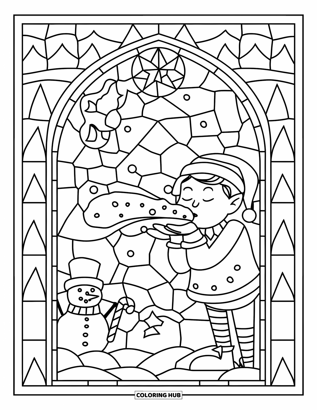 Elf Coloring Page for Adults: An elf creates a snowy scene inside a stained glass design