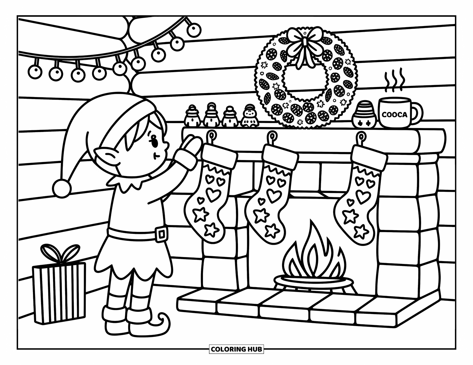 Elf Coloring Page for Adults: An elf hangs patterned stockings above a cozy stone fireplace