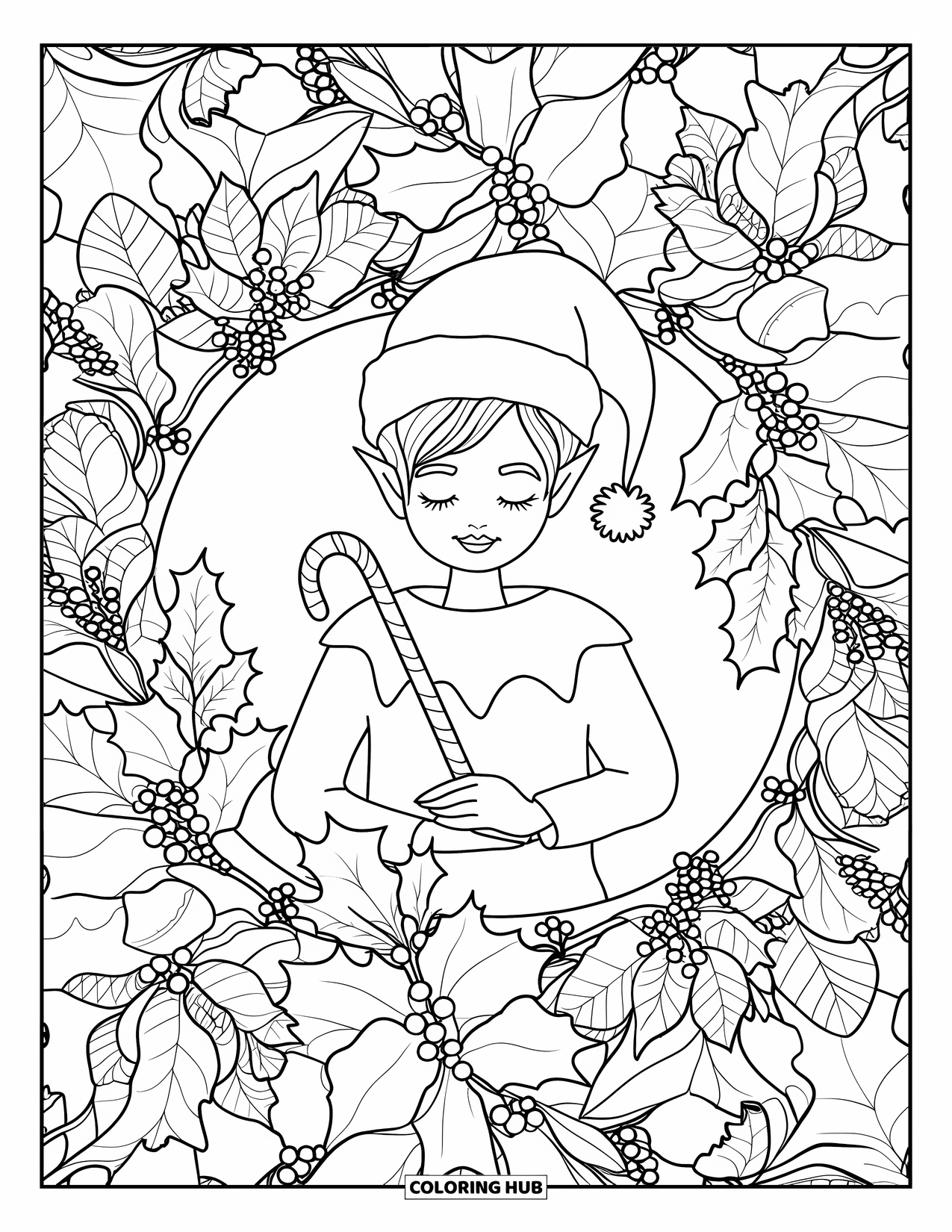 Elf Coloring Page for Adults: An elf holding a candy cane stands in a floral mandala frame