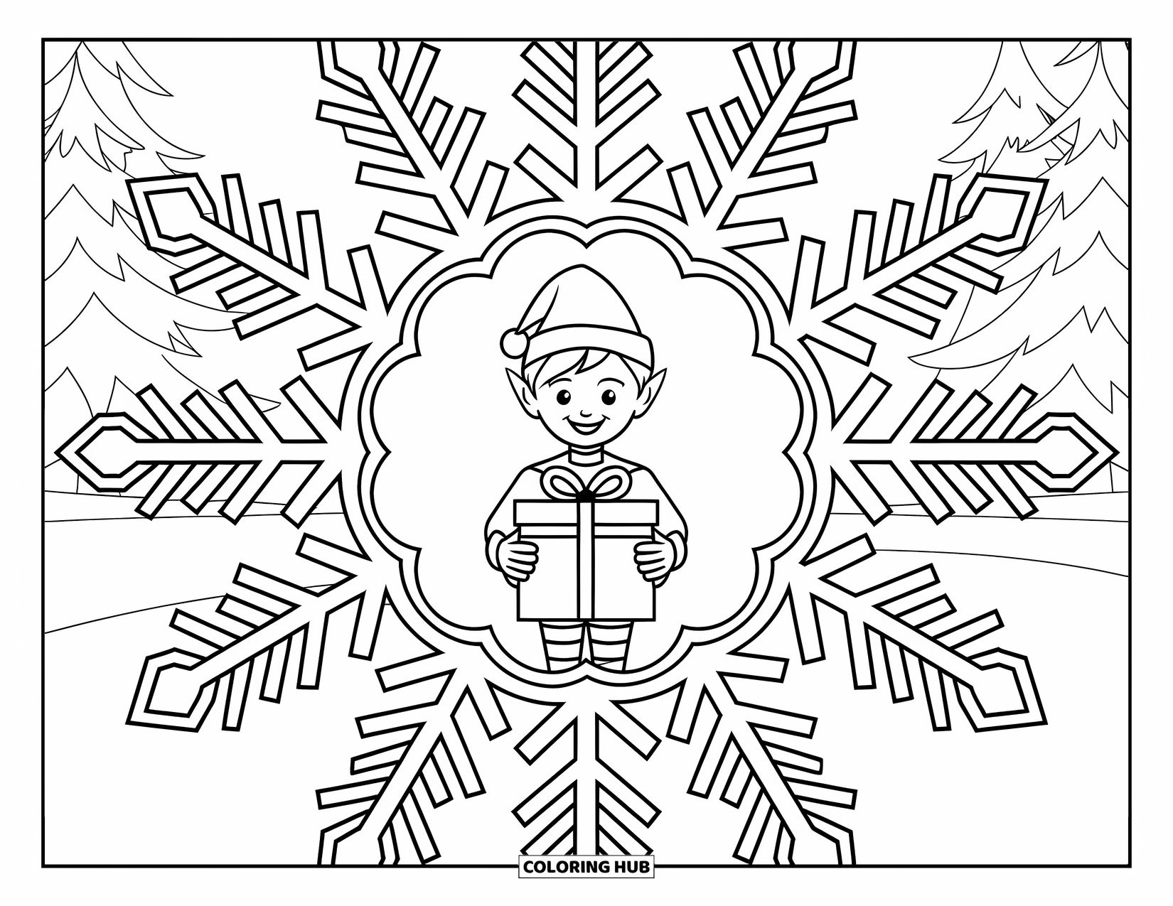 Elf Coloring Page for Adults: An elf holds a present inside a detailed snowflake pattern